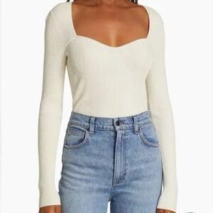 Veronica Beard Cream Ribbed Long Sleeve Top